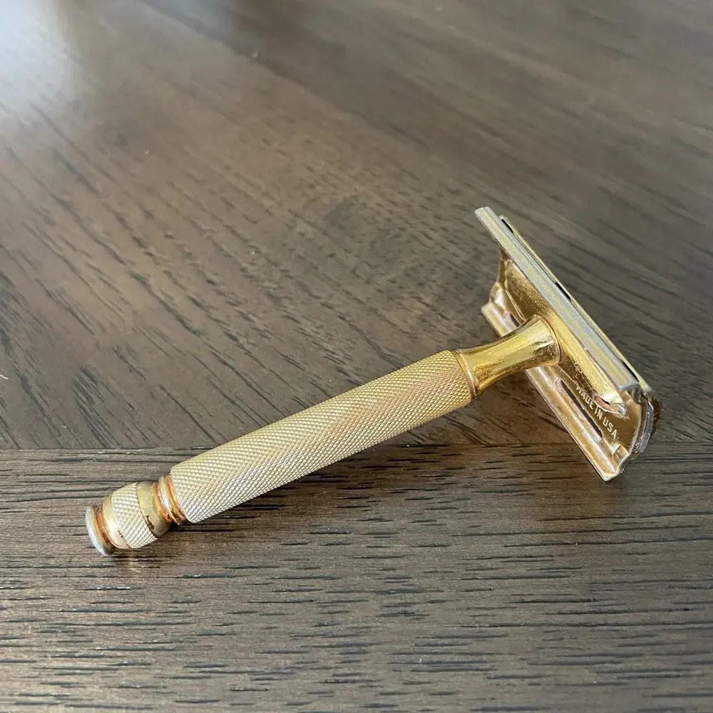 Vintage Original 1940's Gillette Gold Tech Ball End Safety Razor Metal USA READ